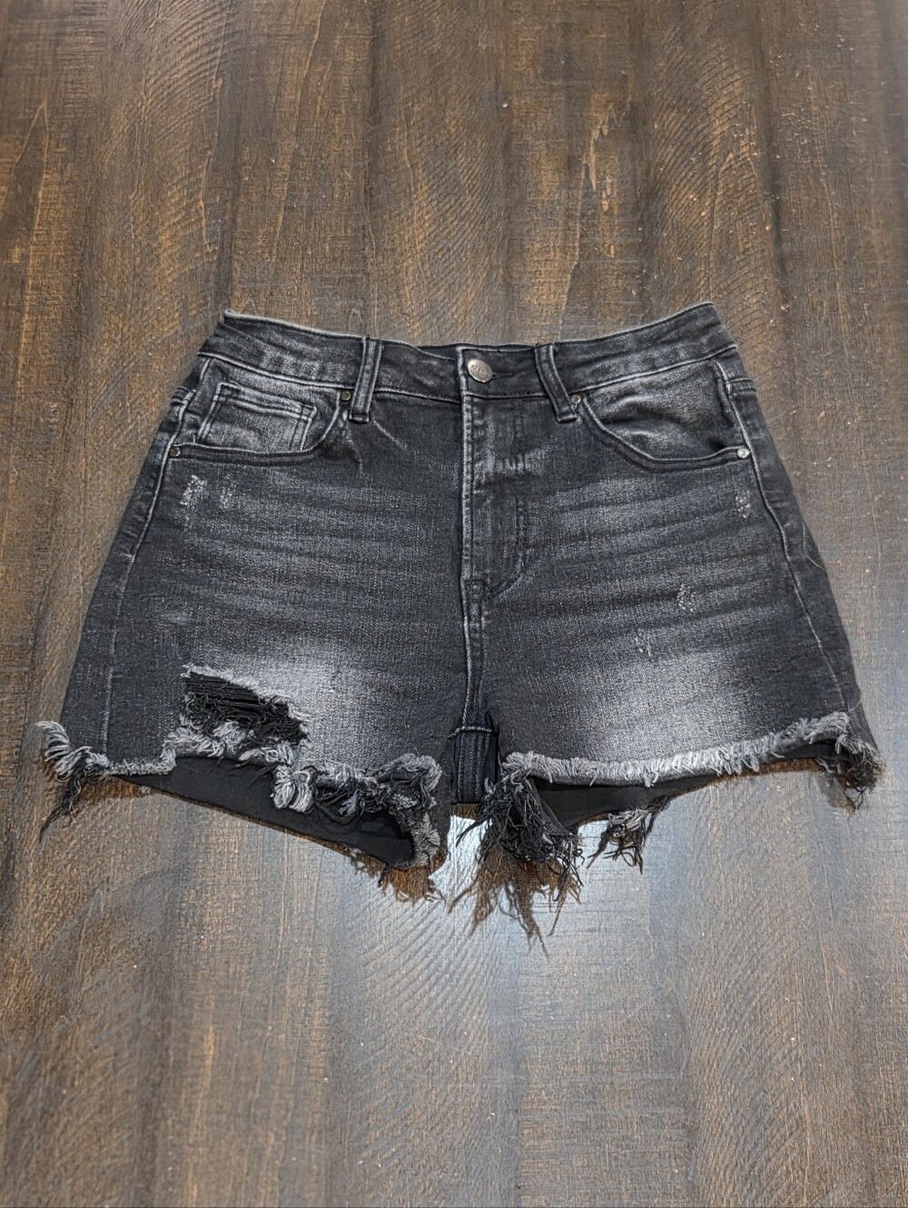 Risen High-Waisted Washed Black Distressed Denim Shorts